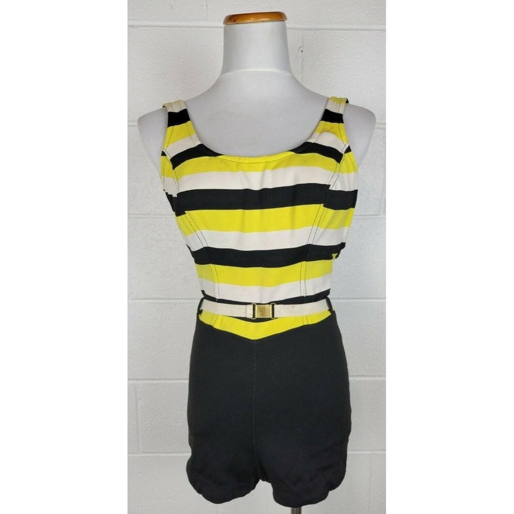 Vintage 60s Catalina Womens One Piece Swimsuit Yellow Black‎ Stripe 12